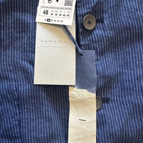 New With Tags, Zara Jacket Linen Blue Striped Mandarin Collar Blazer - Picture 8 of 10